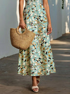 Maxi Linen Dress, Cap Sleeves, Shawl Collar, Leopard, Animal Print, Button Design, Vacation, Vintage, mint