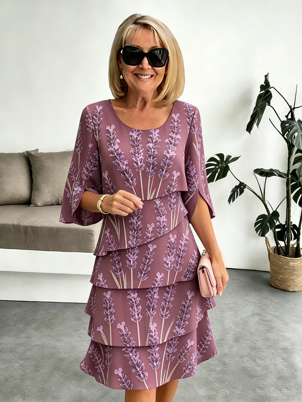 Lavender Chiffon Vacation Prints Color Round Neck Cake Skirt Splicing Dress Mid-length