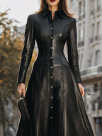Edgy Black Faux Leather Midi Shirt Dress