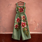 Women's Vintage Hibiscus Print Casual Linen-blend Jumpsuit