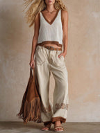 Retro Western Versatile Beige Cropped Jeans Pants
