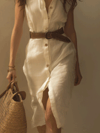 Boho Sleeveless Belted Button-Front Linen  Shirt Midi Dress
