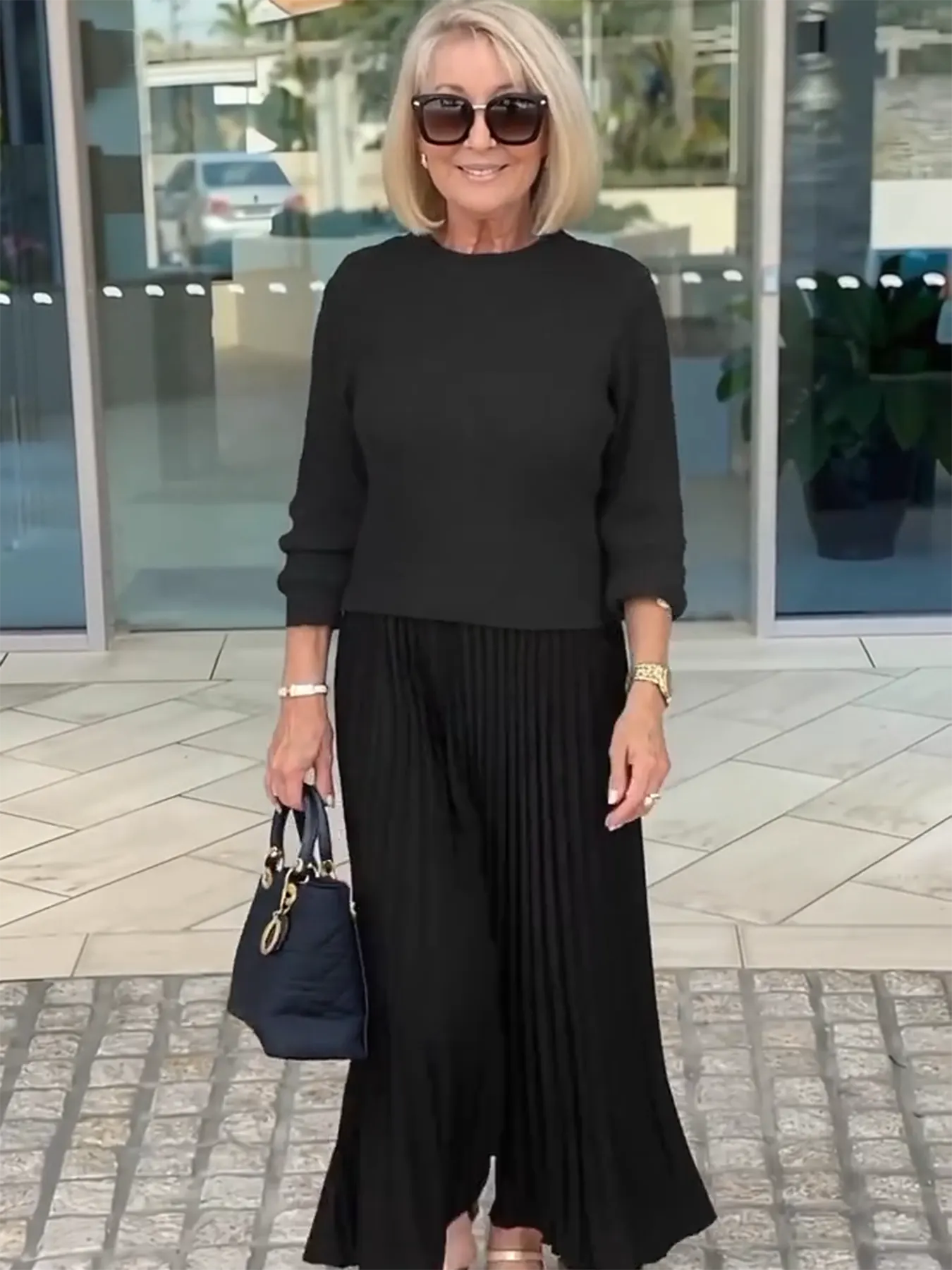 Knitted Long-sleeved Splicing Pleated Dress