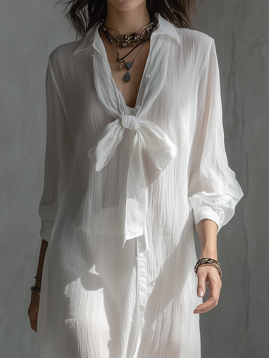 Airy Tie-Front Long Sleeve Maxi Dress