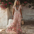 Vintage Boho Roses Embroidered Flowy Linen Maxi Dress