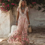 Vintage Boho Roses Embroidered Flowy Linen Maxi Dress
