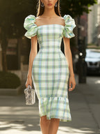 Fresh Green Plaid Puff Sleeve Dress