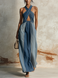 Blue Denim Halter Neck Cutout Color Block Maxi Dress