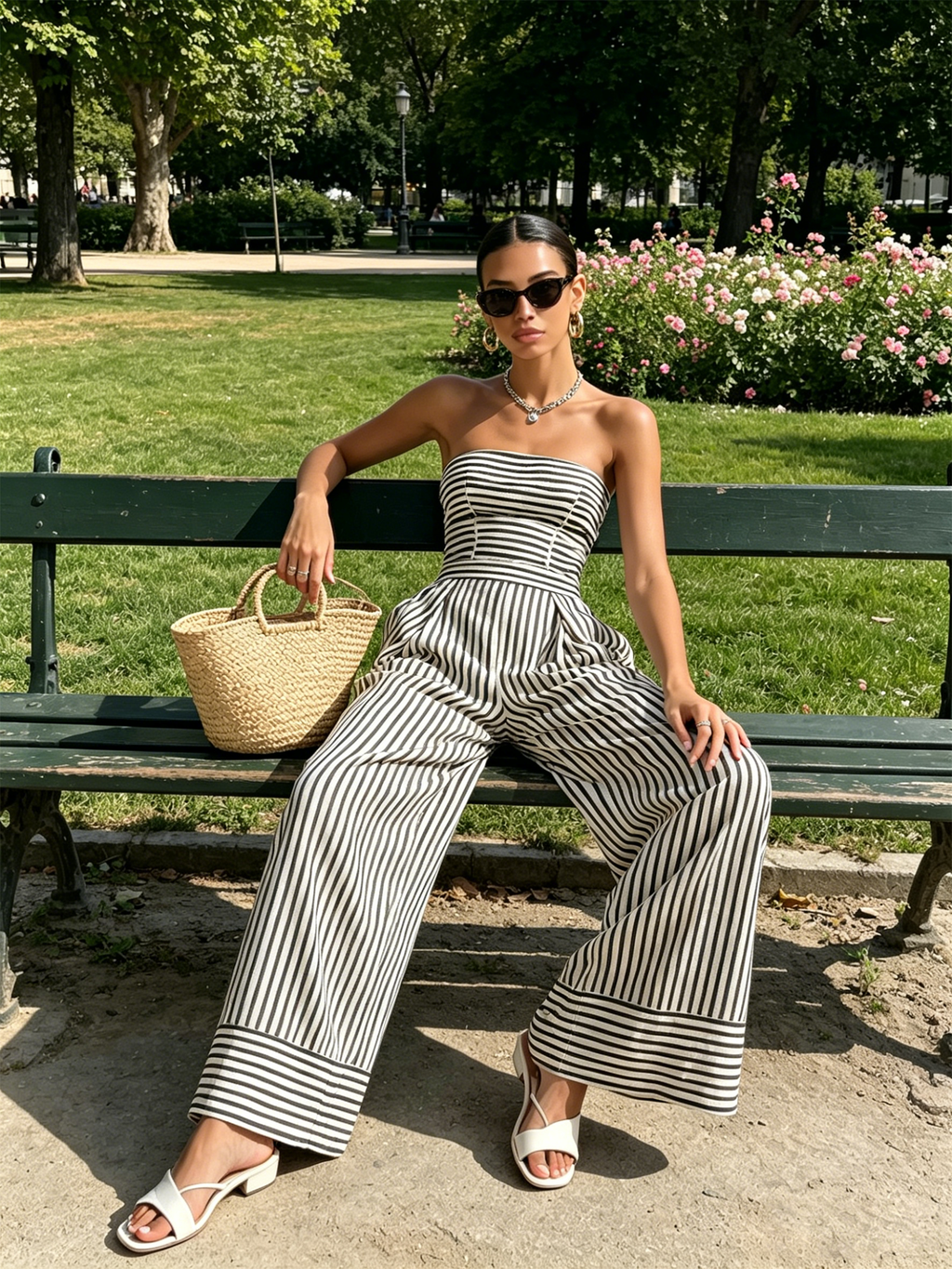 Black & White Striped Strapless Wide-Leg Jumpsuit
