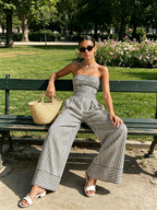 Black & White Striped Strapless Wide-Leg Jumpsuit