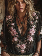 Ladies' Pink Rose Black Casual V-neck Short Sleeved Top