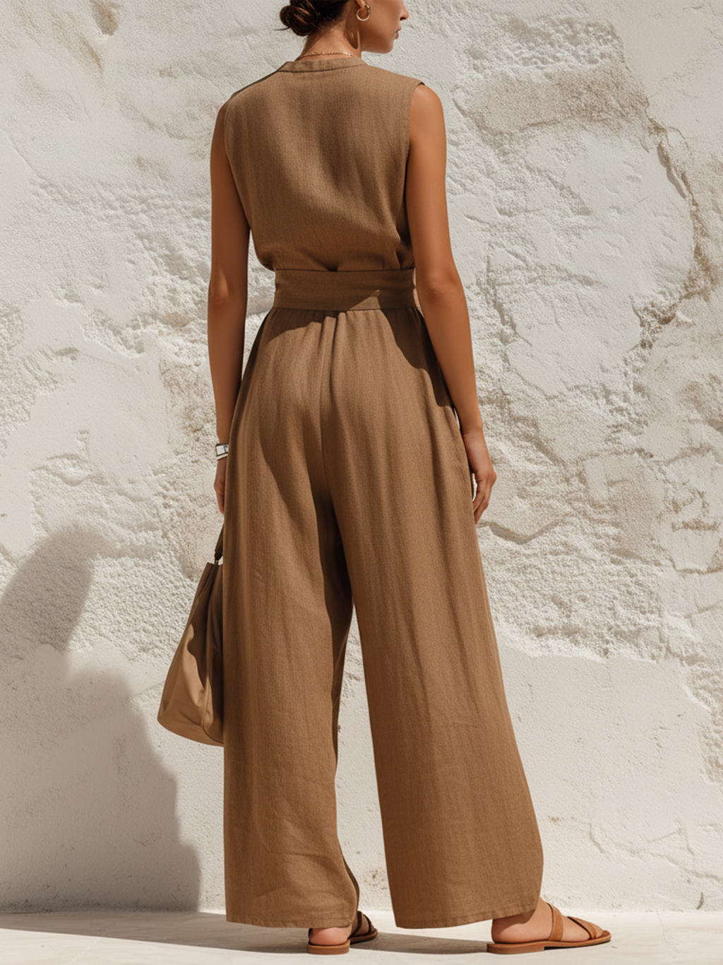 Brown Linen-Blend Sleeveless Wide-Leg Jumpsuit