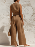 Brown Linen-Blend Sleeveless Wide-Leg Jumpsuit