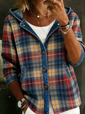 Women's Casual Long Sleeve Denim Patchwork Plaid Hoodie Jaket
