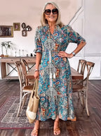 Vacation DRESS Paisley Bohemian Long Length Vintage Print Tassel Tie Neck Tunic Dress - Elegant Vacation Style with Drawstring, Ruffle Hem, and Random Printing