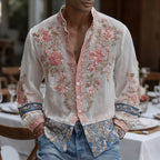 Men's Vintage Spring Floral Embroidered Art Print Comfy Shirt