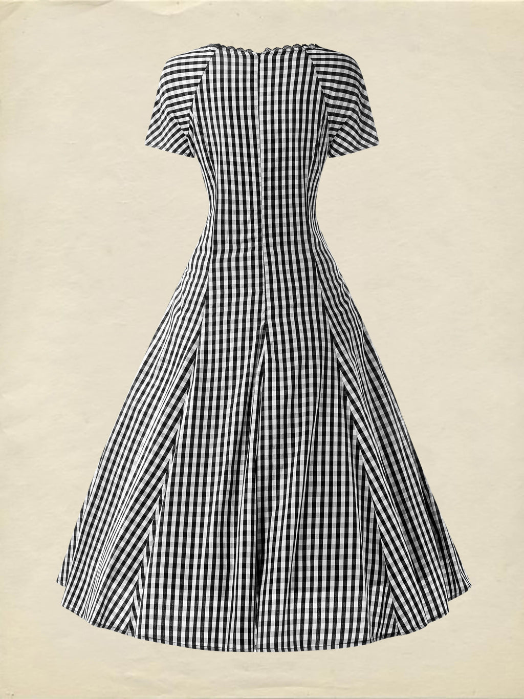 Cotton Midi Dress, Short Sleeve, Lace Collar, Plaid, Vintage, White