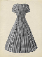 Cotton Midi Dress, Short Sleeve, Lace Collar, Plaid, Vintage, White