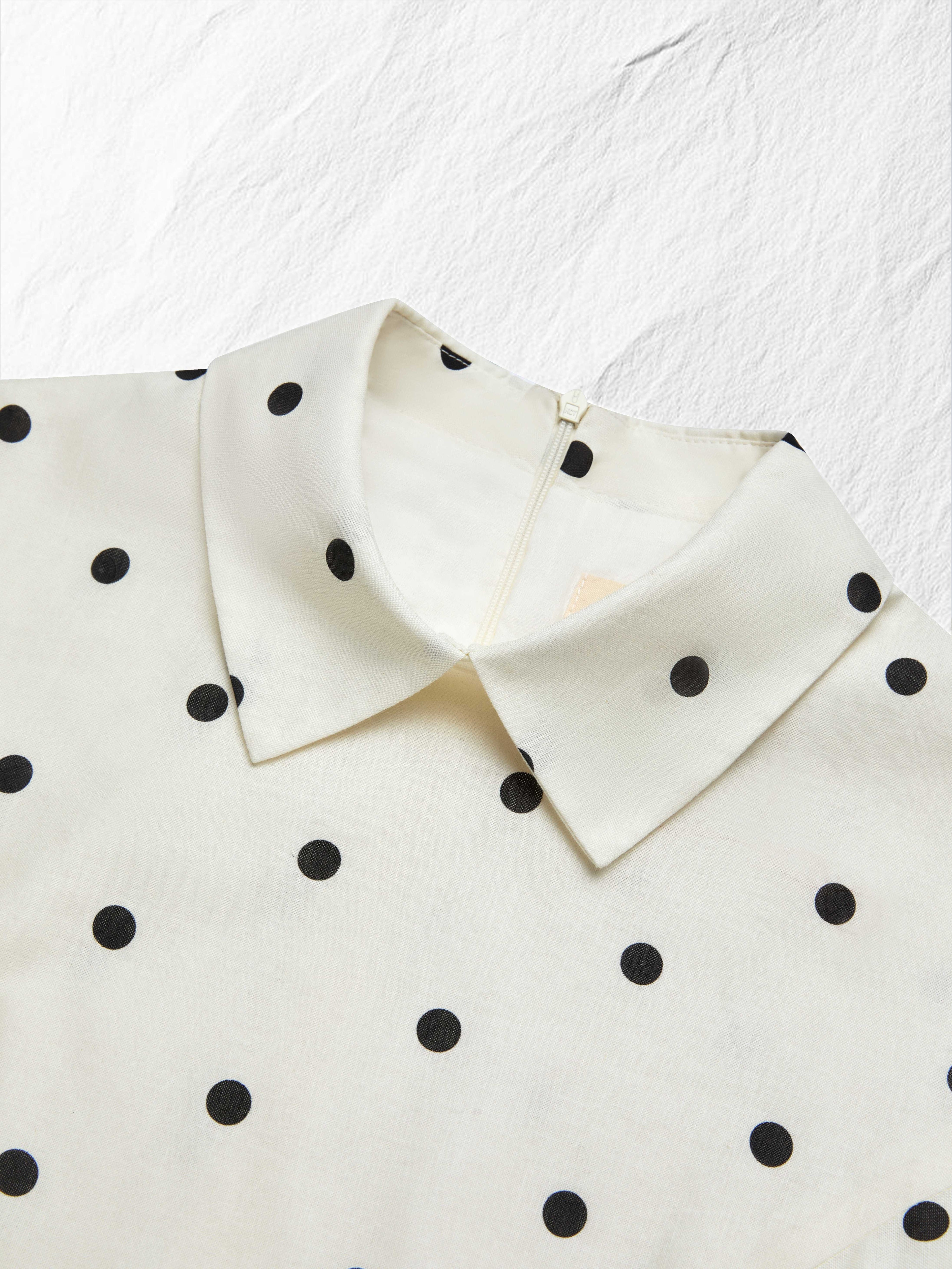 Maxi Linen Dress, Short Sleeves, Shawl Collar, Polka Dots, French Vintage, Off White