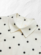 Maxi Linen Dress, Short Sleeves, Shawl Collar, Polka Dots, French Vintage, Off White