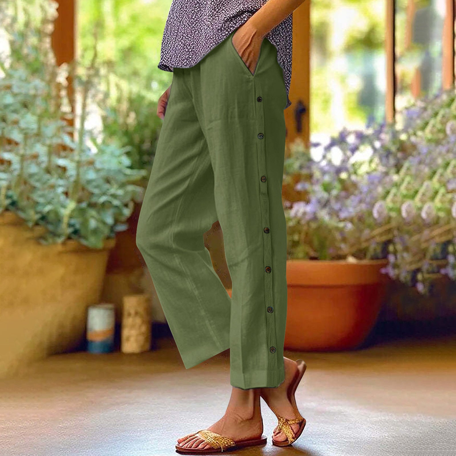 Cotton and Linen Breathable Nine-point Pants Side Seam Decorative Buckle Side Pocket High Waist Loose Casual Pants