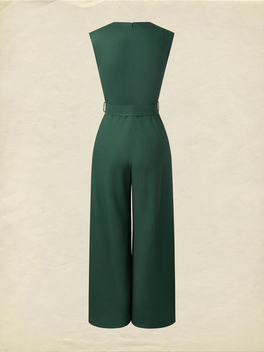 Linen Jumpsuit , Sleeveless, V Neck, Plain, Button Design, Vintage, Green