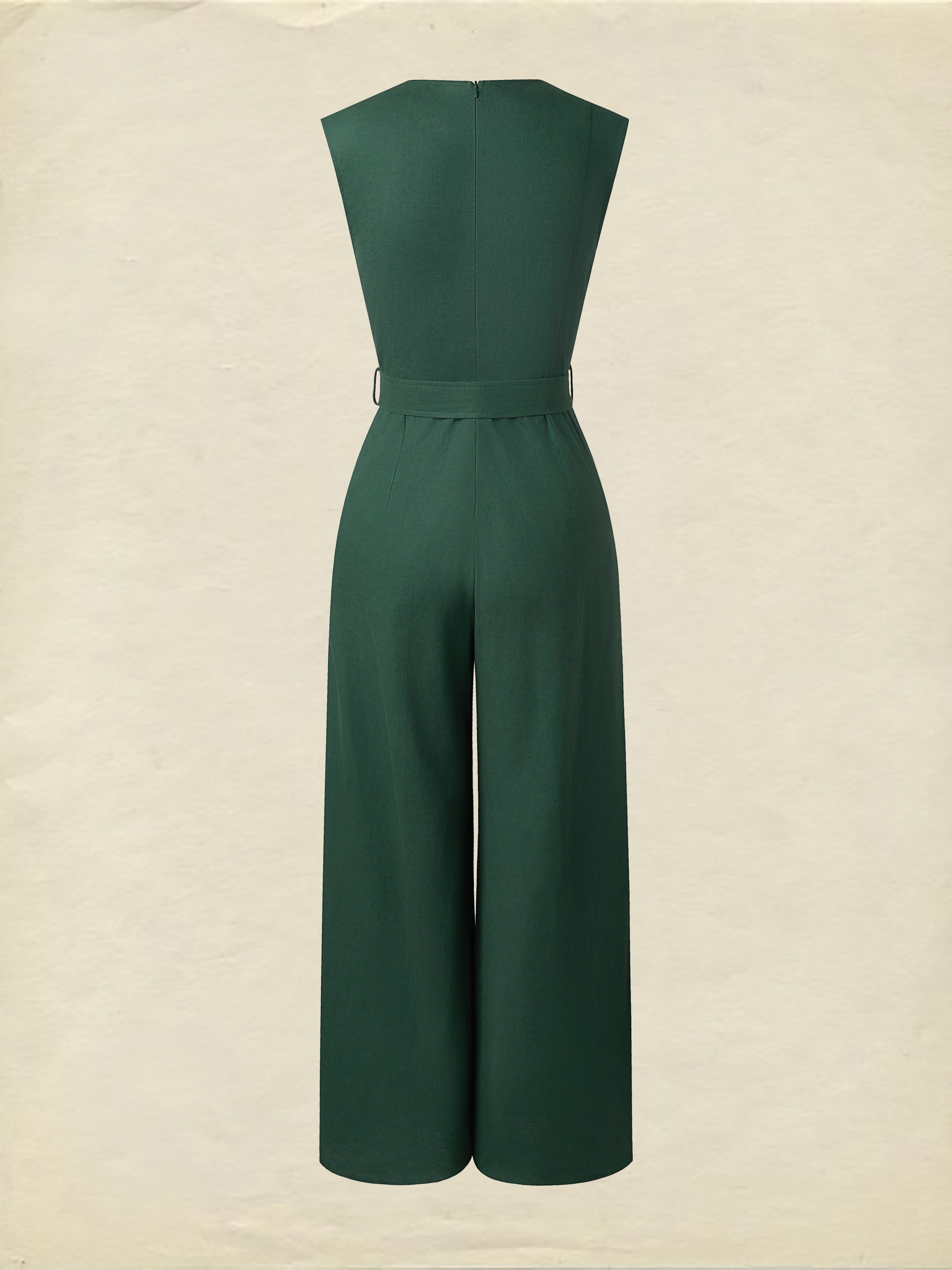 Linen Jumpsuit , Sleeveless, V Neck, Plain, Button Design, Vintage, Green