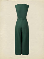 Linen Jumpsuit , Sleeveless, V Neck, Plain, Button Design, Vintage, Green