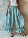Boho Ruffle Hem Elastic Waist Harem Pants | Relaxed Fit Casual Linen Trousers