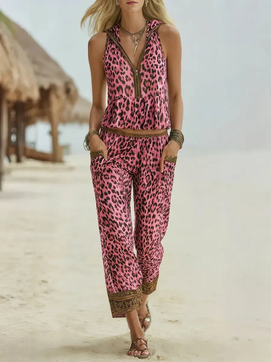 Women's Retro Leopard Art Print Hooded Casual Top And Pants Suits