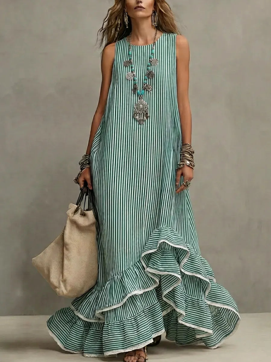 Women's Retro Striped Art Ruffled Casual Stylish Cotton Linen Maxi Dress