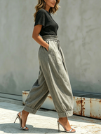 Washed Gray Denim Paperbag Waist Harem Pants