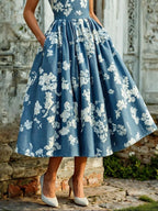 (SIZE:XS-XXL) Midi Linen Dress, Sleeveless,  Linen Blend, Floral, Renaissance