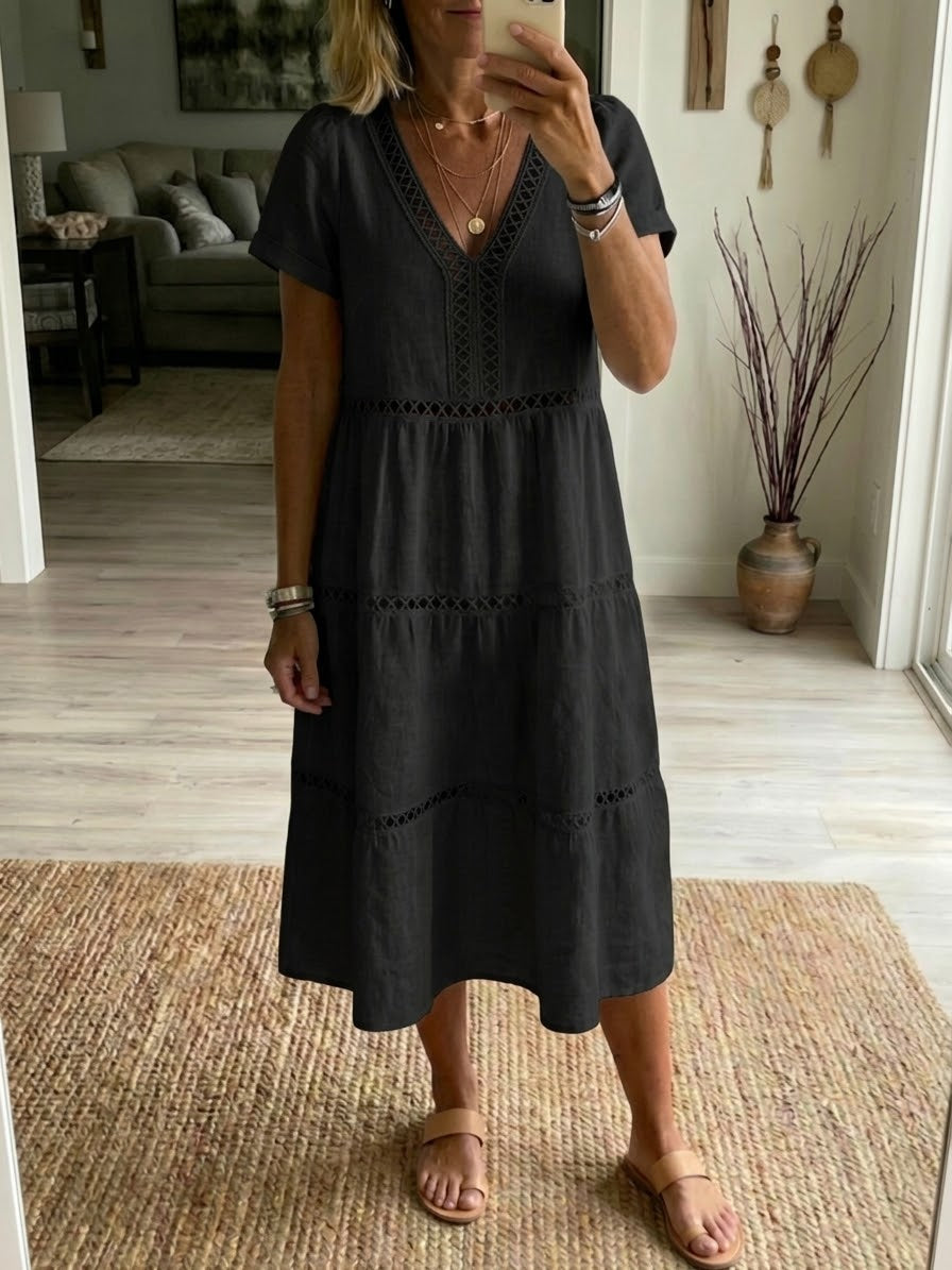 Casual Patchwork Openwork Ribbon Linen And Cotton Dress