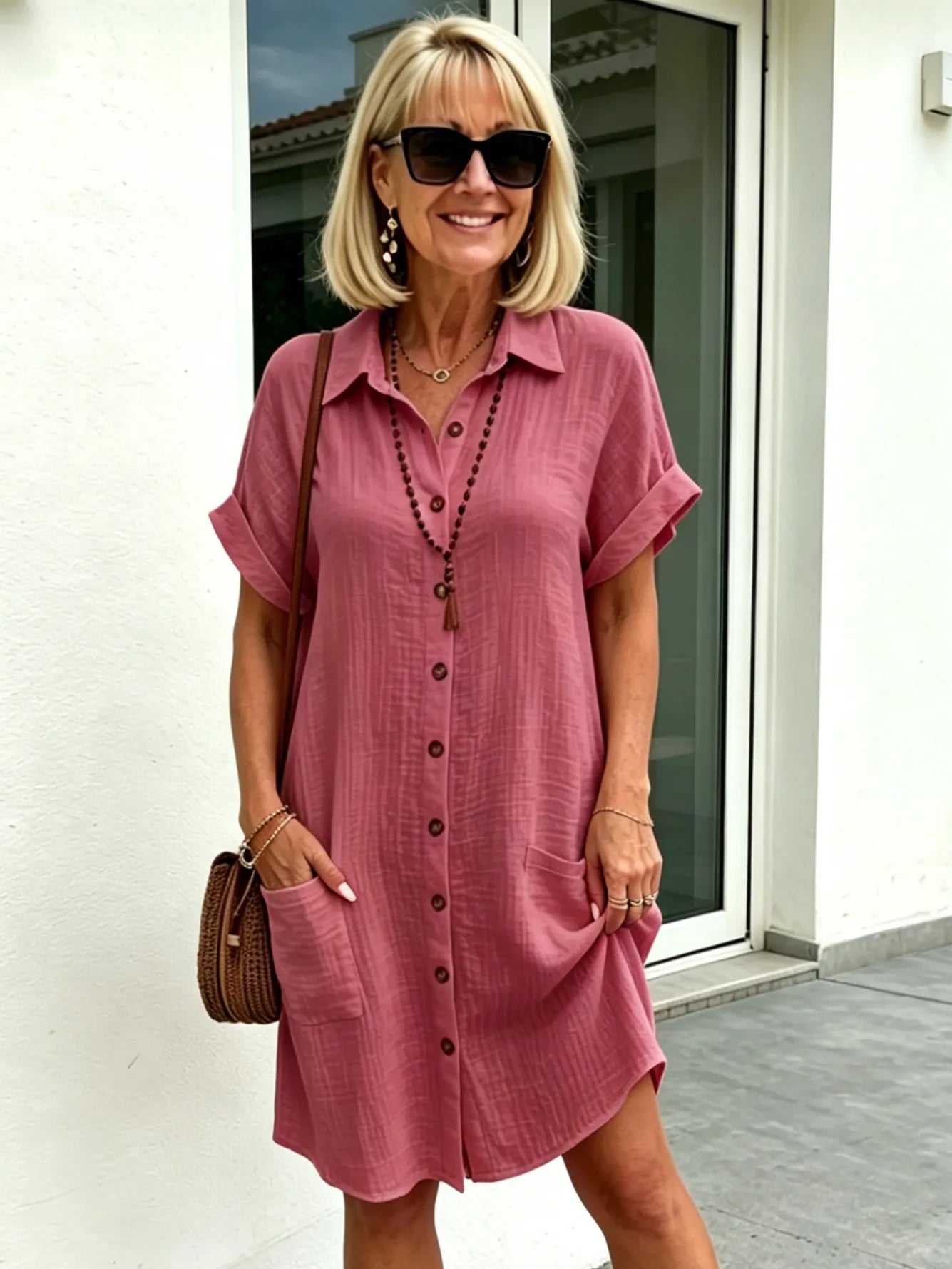 Solid Color Shirt Dress Simple, Made of Breathable, Featuring a Lapel Collar and Orderly Button Arrangement That Adds a Vintage Charm
