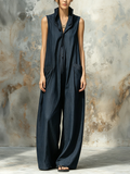 Dark Blue Denim Sleeveless Oversized Wide Leg Jumpsuit