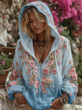 Classic Bohemian Style Pink Rose Vintage V-neck Hoodie