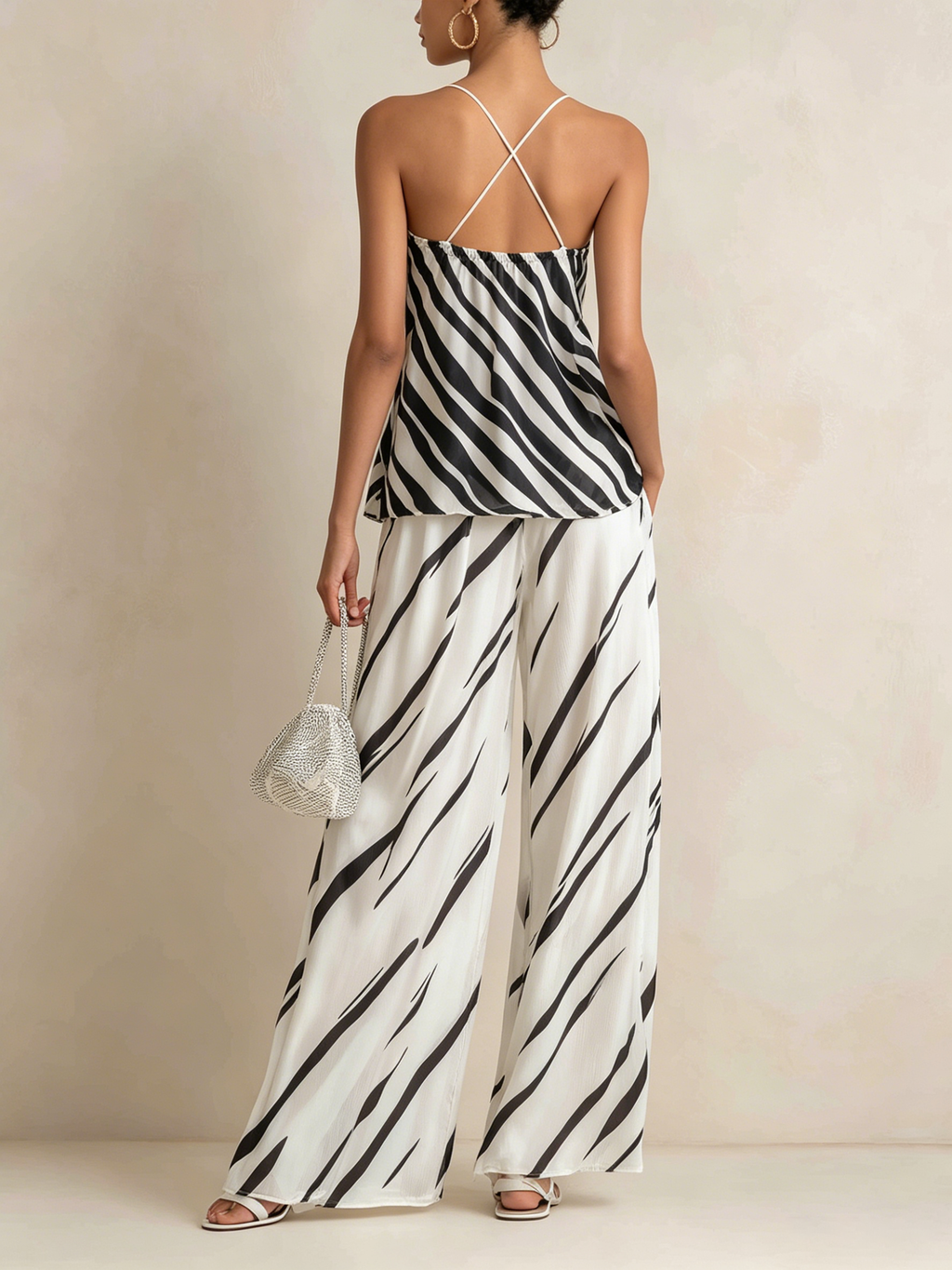 Abstract Stripe Halter Top & Wide-Leg Pants Set