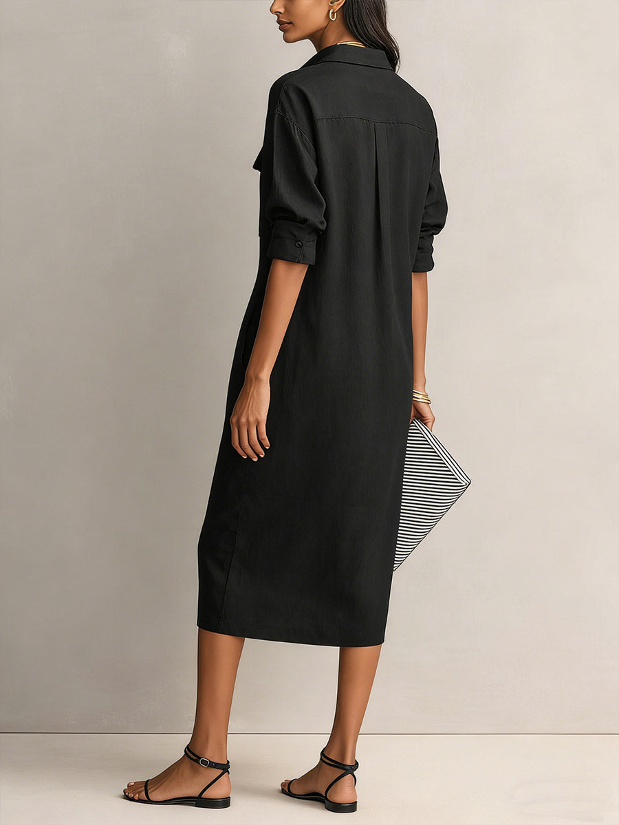 Women's Solid Color Lapel Collar Long Sleeve Casual Loose Cotton Linen Dress