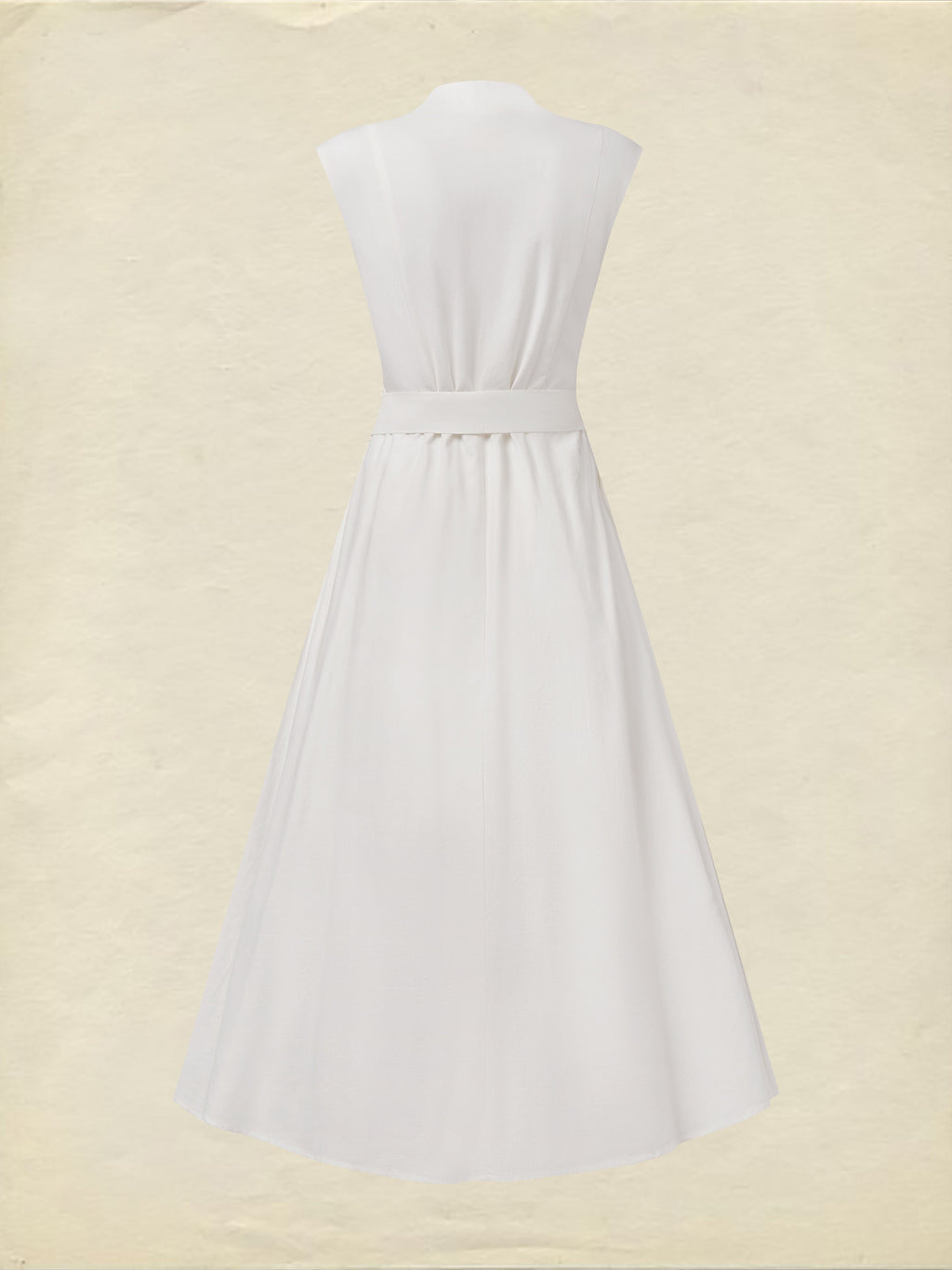 Midi Linen Dress , Sleeveless, V Neck, Plain, Belt Design, Vintage, White