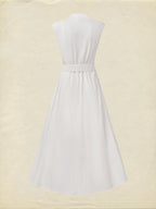 Midi Linen Dress , Sleeveless, V Neck, Plain, Belt Design, Vintage, White