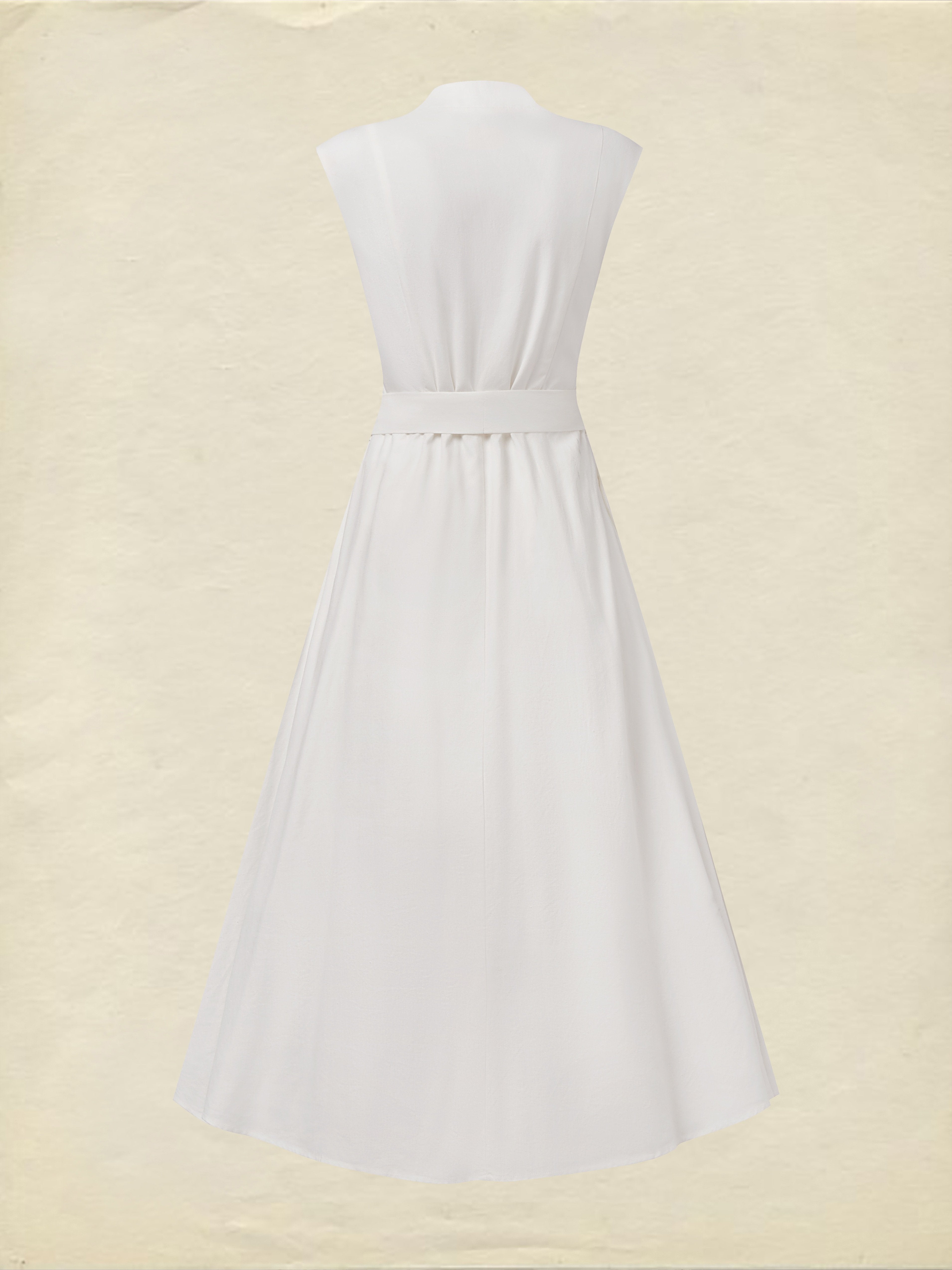 Midi Linen Dress , Sleeveless, V Neck, Plain, Belt Design, Vintage, White