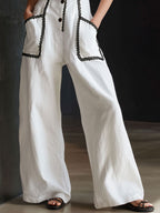 Casual Retro Lace-trimmed White Cotton And Linen Sleeveless Wide-leg Jumpsuit
