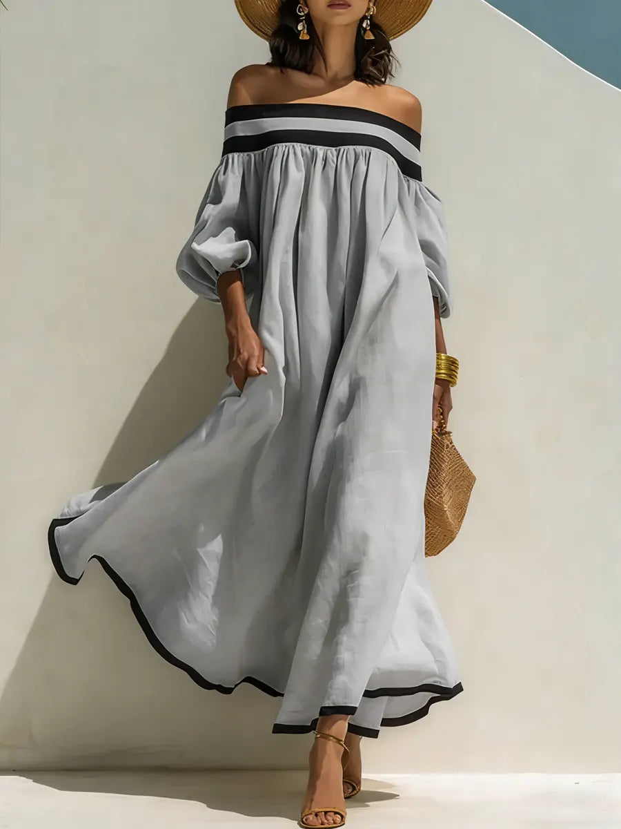 Loose-fitting Color-blocked Off-the-shoulder Cotton-linen Maxi Dress