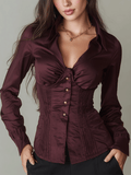 Vintage Burgundy Satin Hourglass-shaped Fitted Shirt