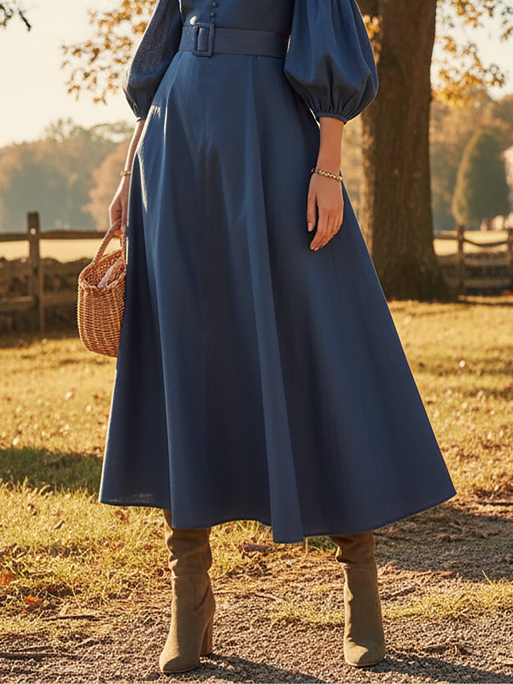 Maxi Cotton Dress, Half Sleeve, Stand Collar, Plain, Belt Design, Vintage, Deep Blue