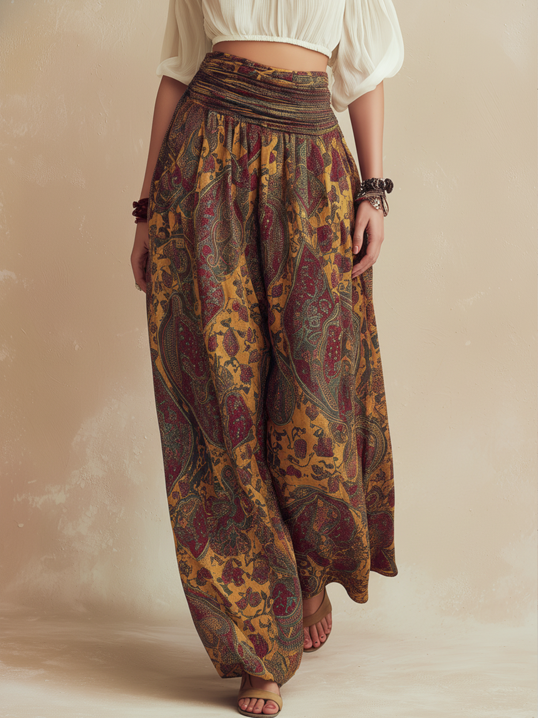 Bohemian Off-Shoulder Two-Piece Set - Flowy Printed Palazzo Pants & Crop Top