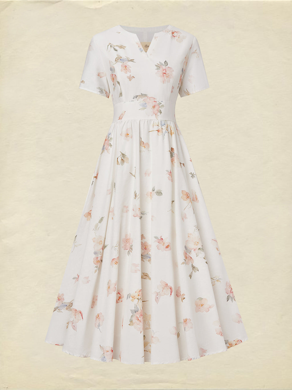 Midi Linen Dress, Short Sleeves, V Neck, Floral, Vintage, White