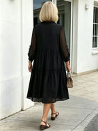 Black French Retro Tiered Midi Dress, Ruffle V-Neck Sheer 3/4 Sleeve Loose Pleated Chiffon Dress for Mature Women