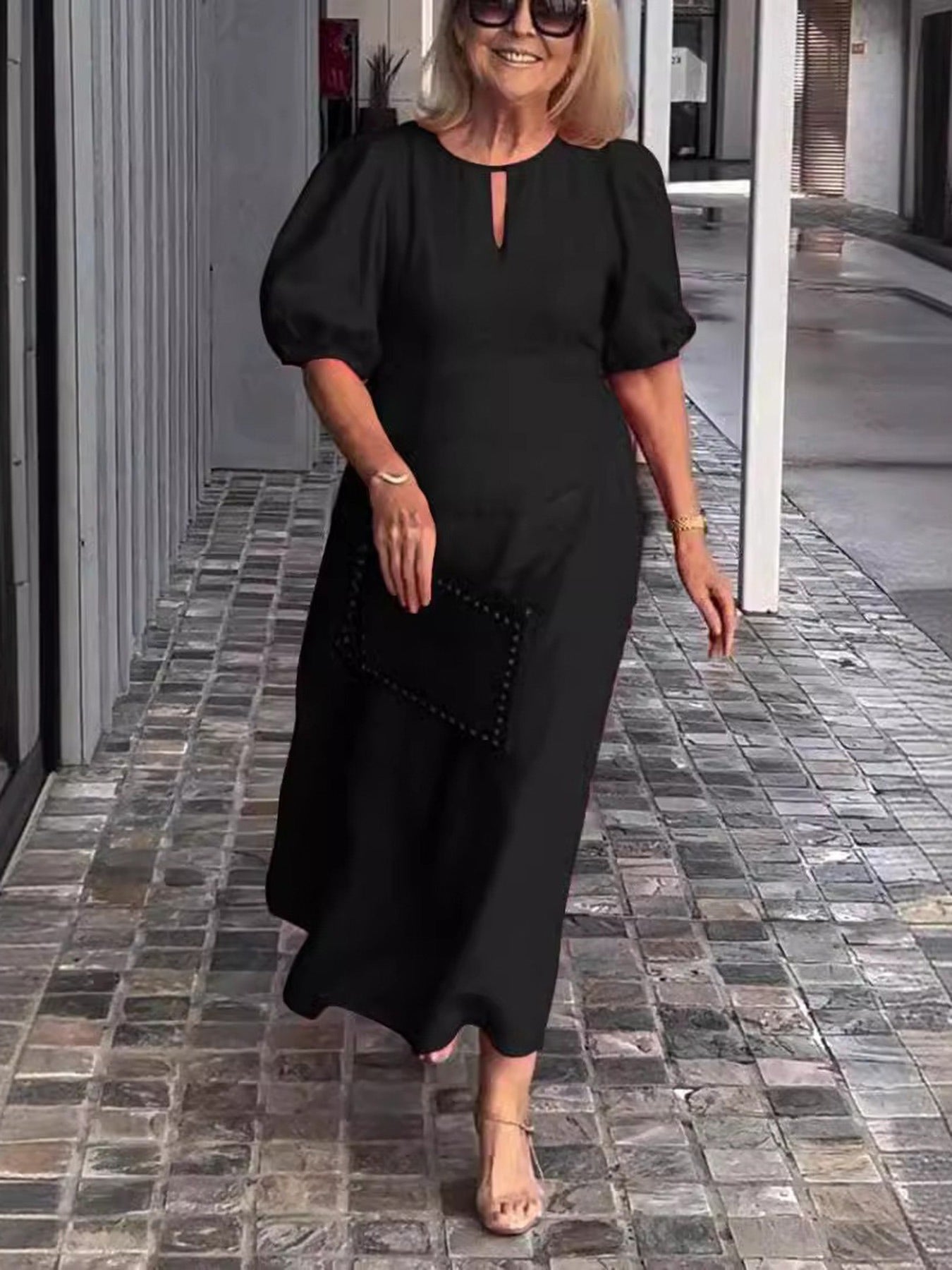 Evening Dress Formal Dress Solid Color Loose-Fitting Casual Round-Neck Small Lantern Sleeves